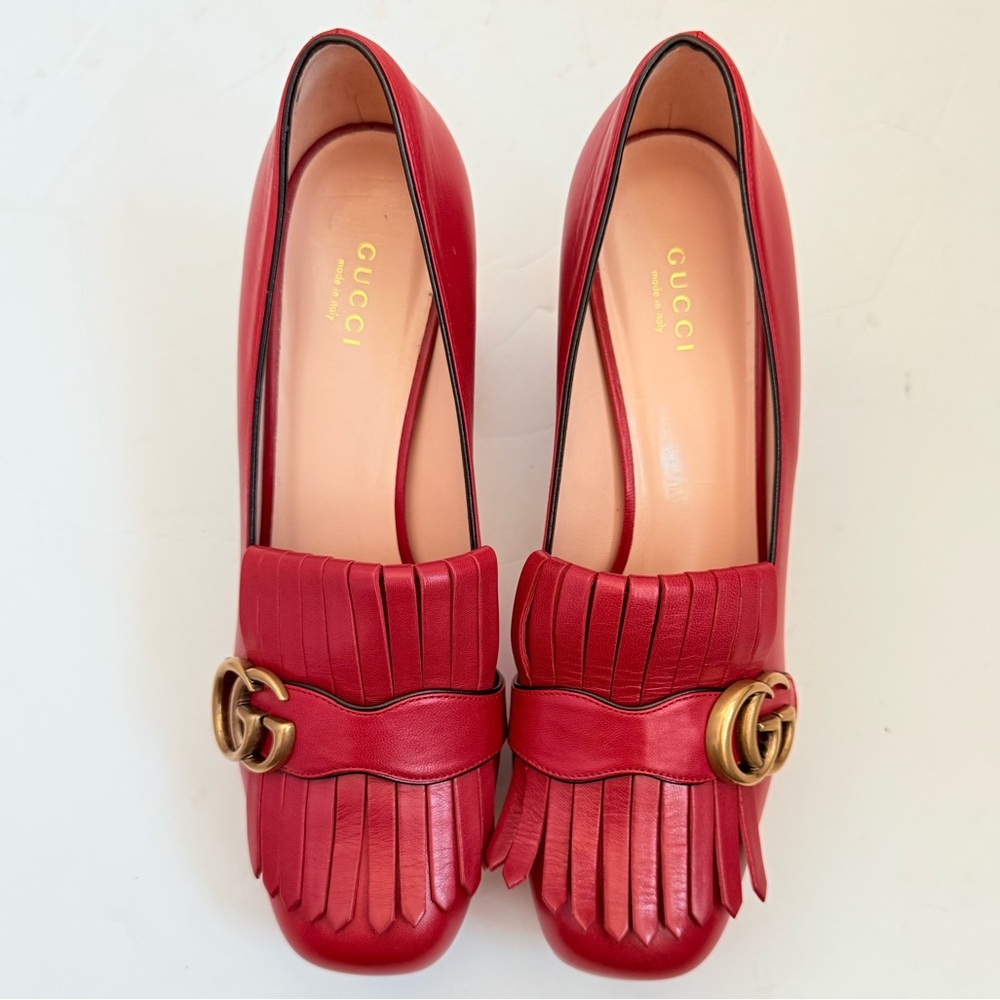 Gucci Hibiscus Red Leather Malaga Kid GG Marmont Fringe Platform Loafer Pumps 39 - Picture 4 of 15